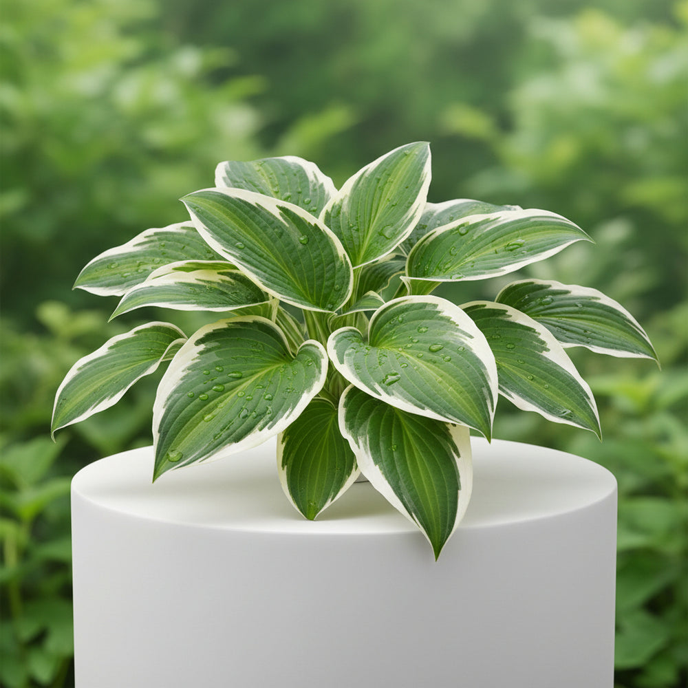 Close-up of a hosta plant with large, vibrant green leaves featuring white variegated edges.