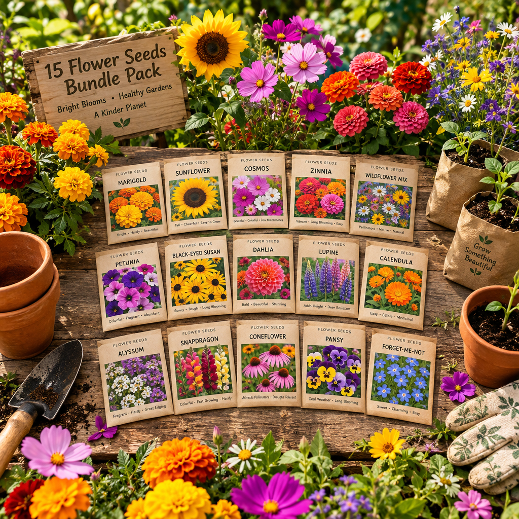 15 Flower Seeds Packets (Random) Bundle Pack – Mixed Flower Seeds for Home Gardening