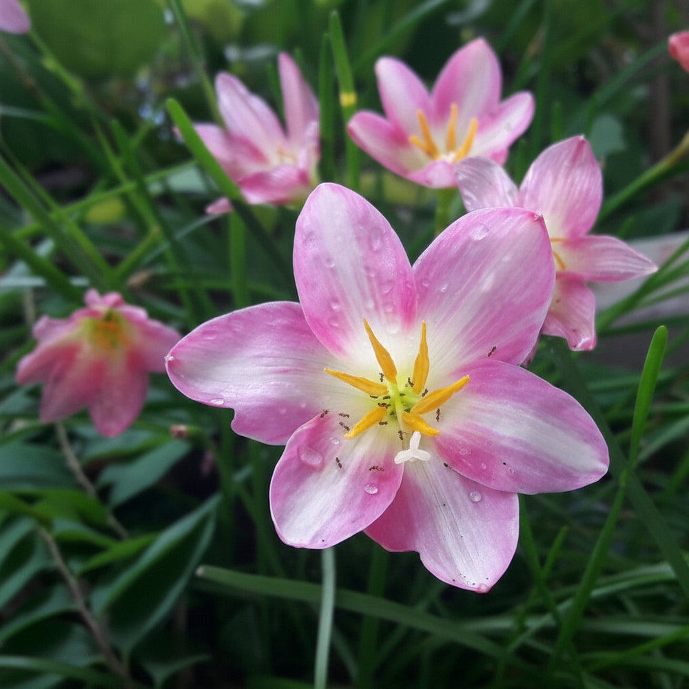 Pink flowers with yellow centers on a green background