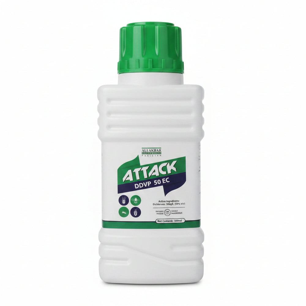 Bottle of Attack DVP 50 EC pesticide on a wooden surface with more bottles in the background.