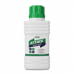 Bottle of Attack DVP 50 EC pesticide on a wooden surface with more bottles in the background.
